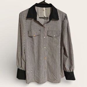 NY Collection Black and White Striped Button-Down Shirt